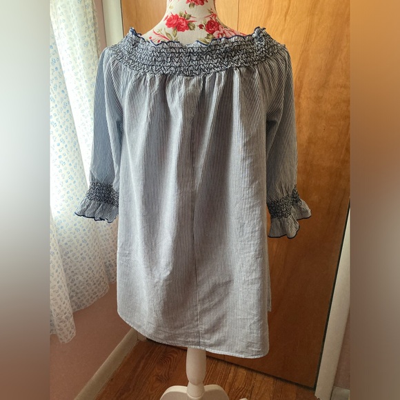 DizzyLizzy Blue and White Striped and Embroidered Tunic Top - SZ L - Picture 6 of 13